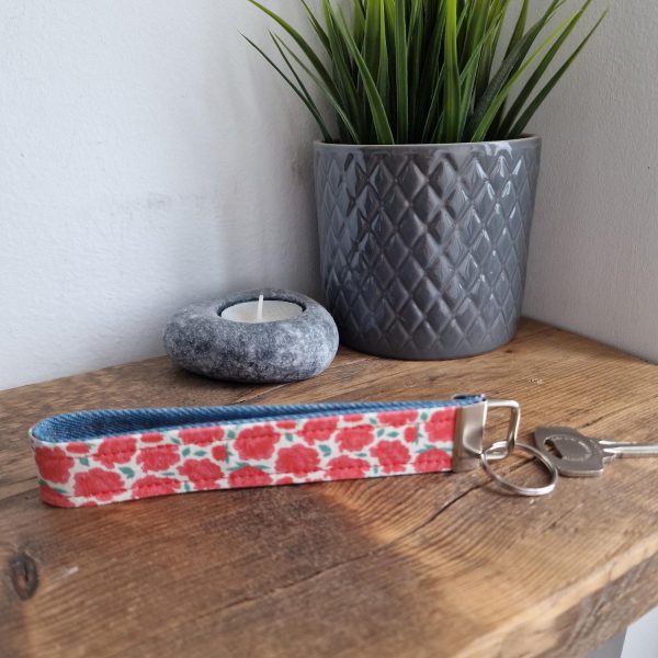 Handmade Rose Print and Denim Wristlet / Keyring