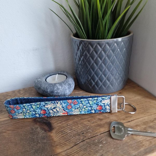 Handmade William Morris Fabric Print and Denim Wristlet / Keyring