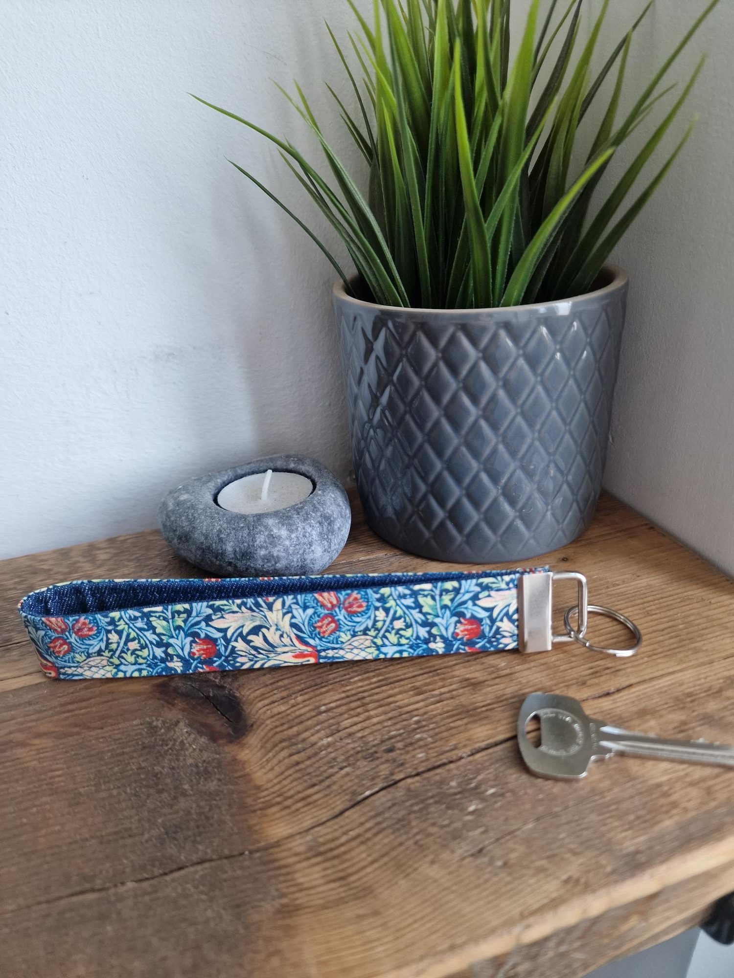 Handmade William Morris Fabric Print and Denim Wristlet / Keyring