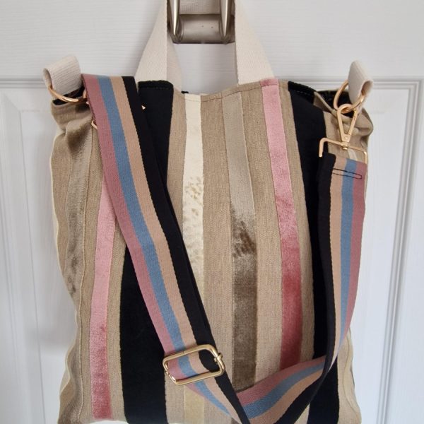 Handmade Striped Upholstery Shoulder Bag - Beige, Pink & Black