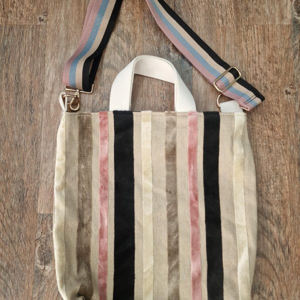 Handmade Striped Upholstery Shoulder Bag - Beige, Pink & Black