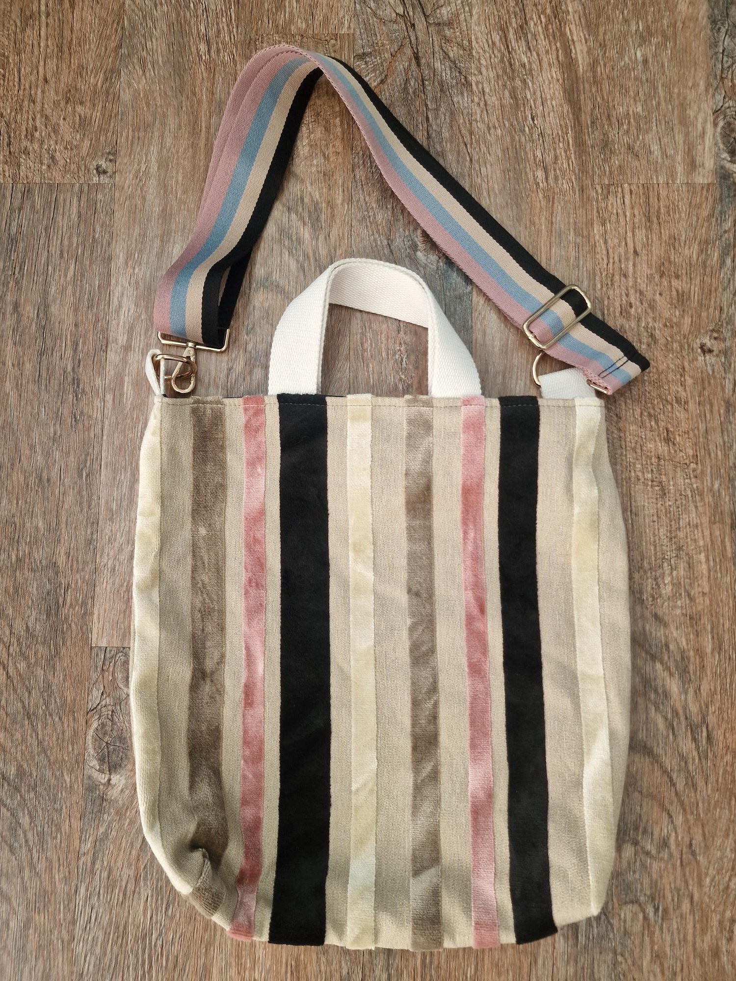 Handmade Striped Upholstery Shoulder Bag - Beige, Pink & Black