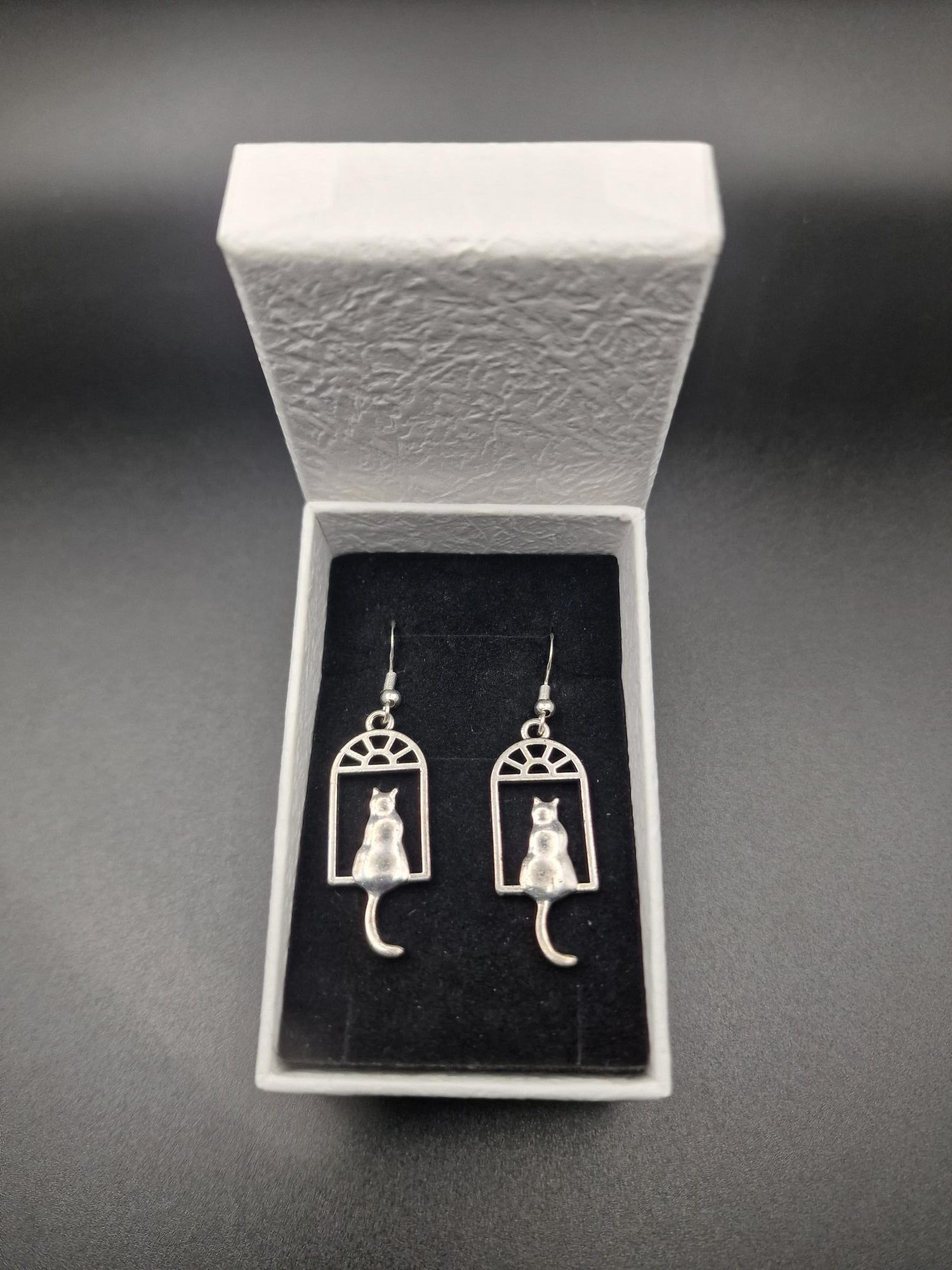 Handmade Antique Silver Cat in the Window Drop Earrings - Image 2
