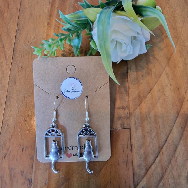 Handmade Antique Silver Cat in the Window Drop Earrings