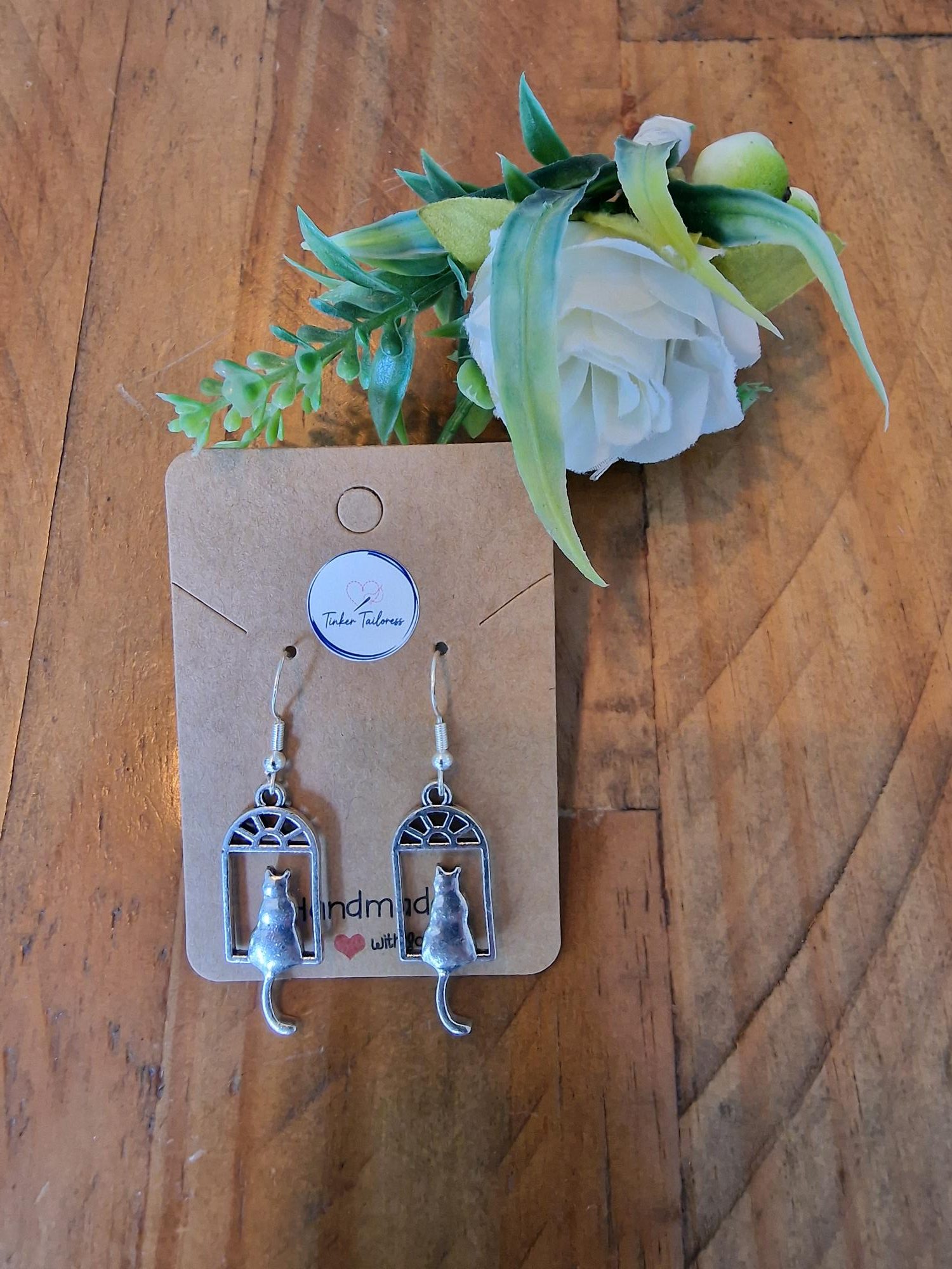 Handmade Antique Silver Cat in the Window Drop Earrings