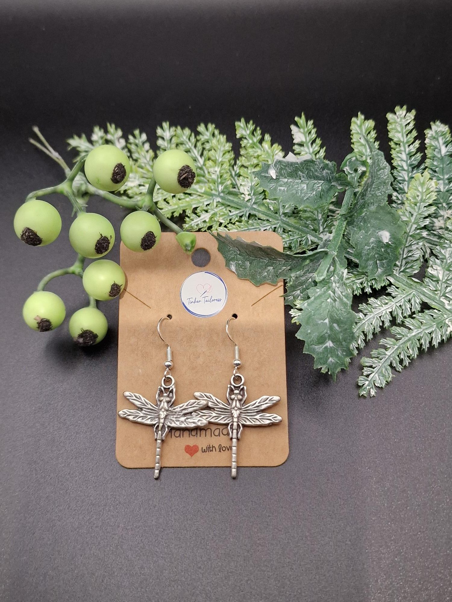 Handmade Antique Silver Dragonfly Earrings - Image 2