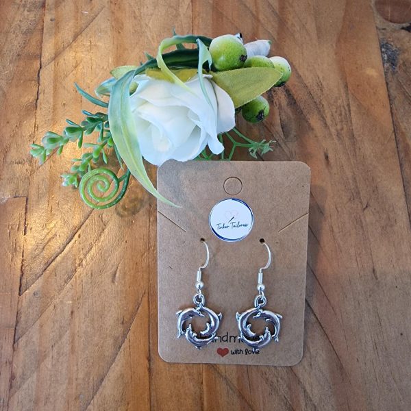 Handmade Antique Silver Swimming Dolphin Circle Drop Earrings