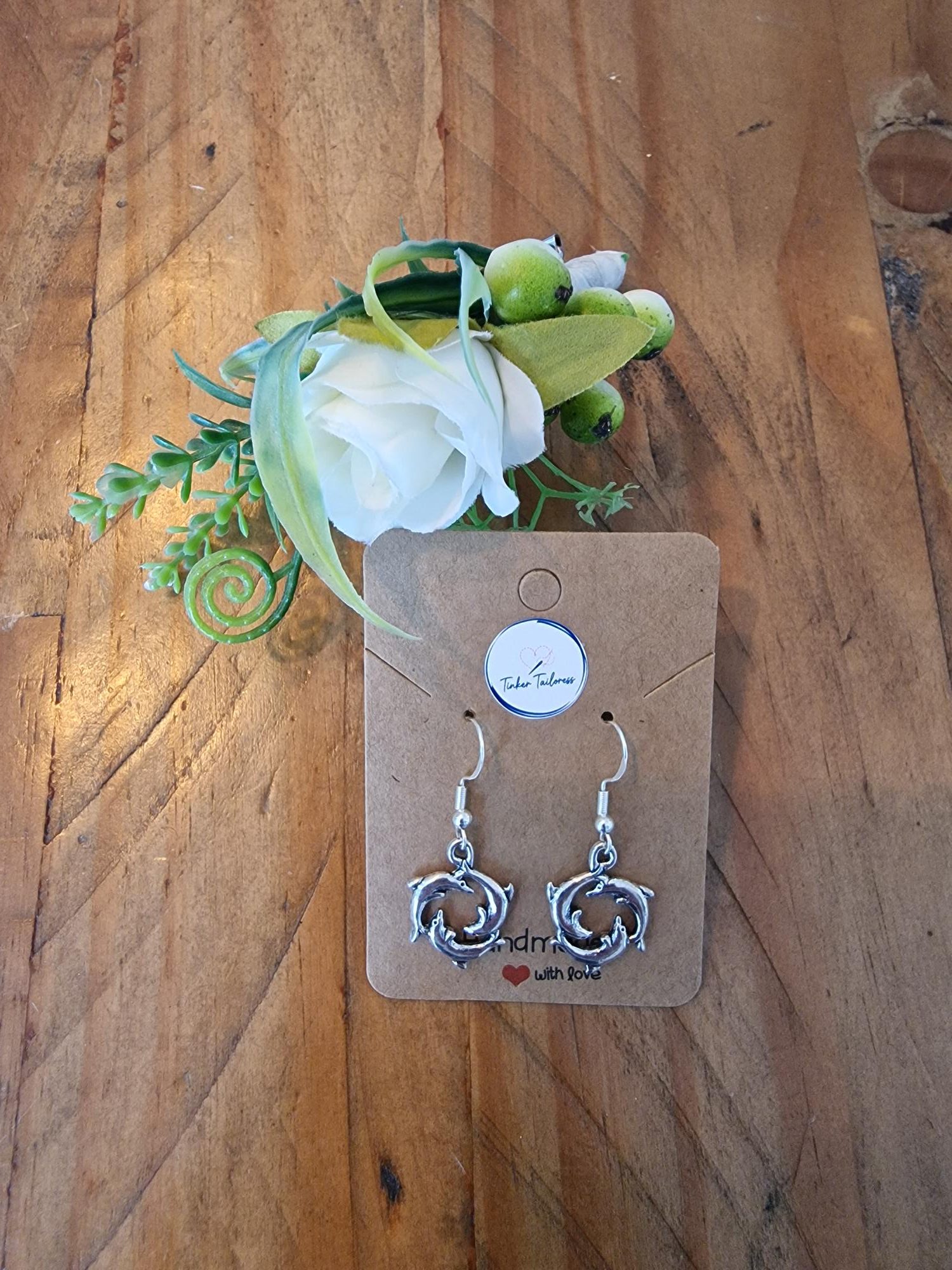 Handmade Antique Silver Swimming Dolphin Circle Drop Earrings