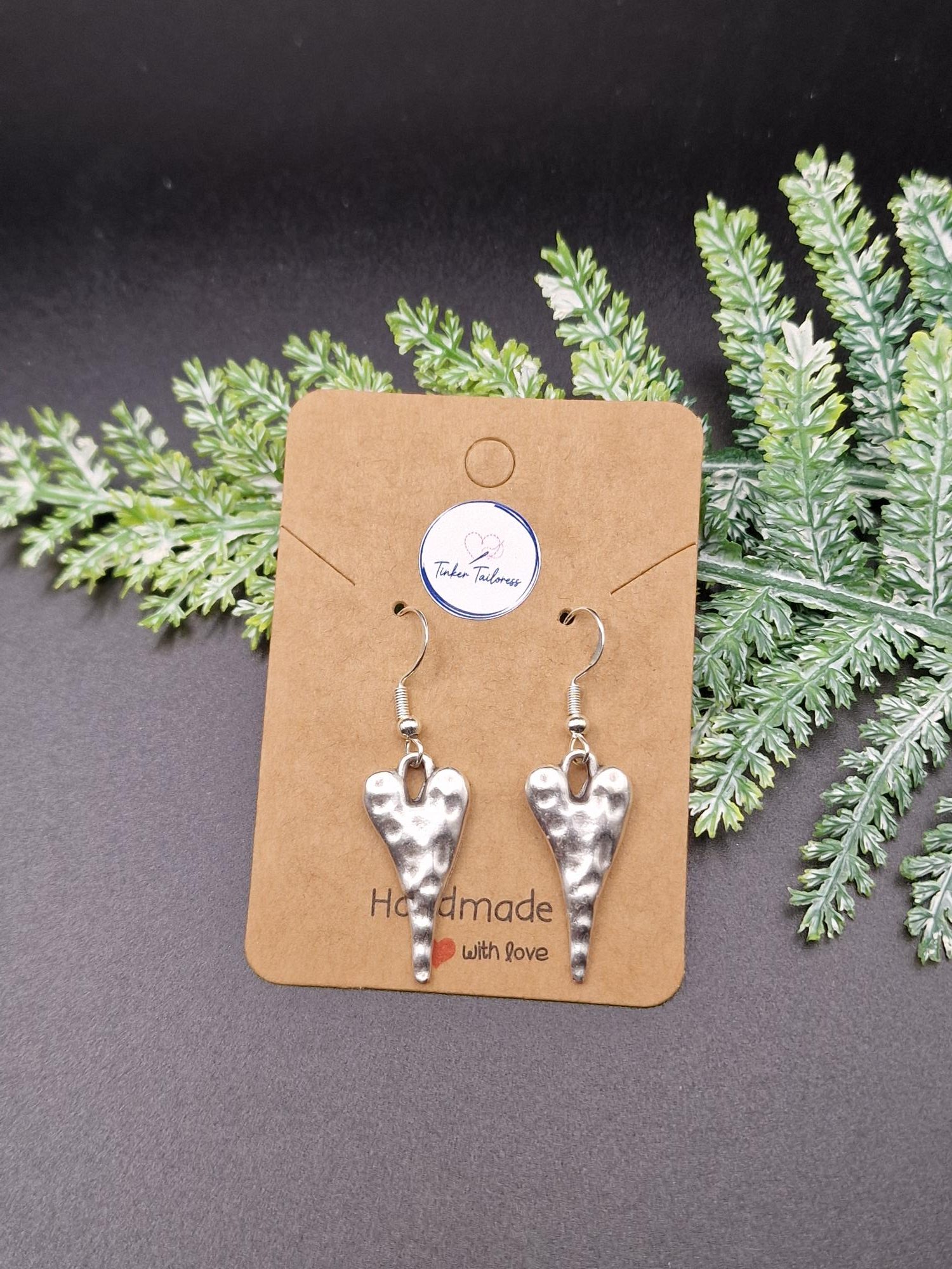Handmade Antique Silver Hammered Heart Drop Earrings - Image 3