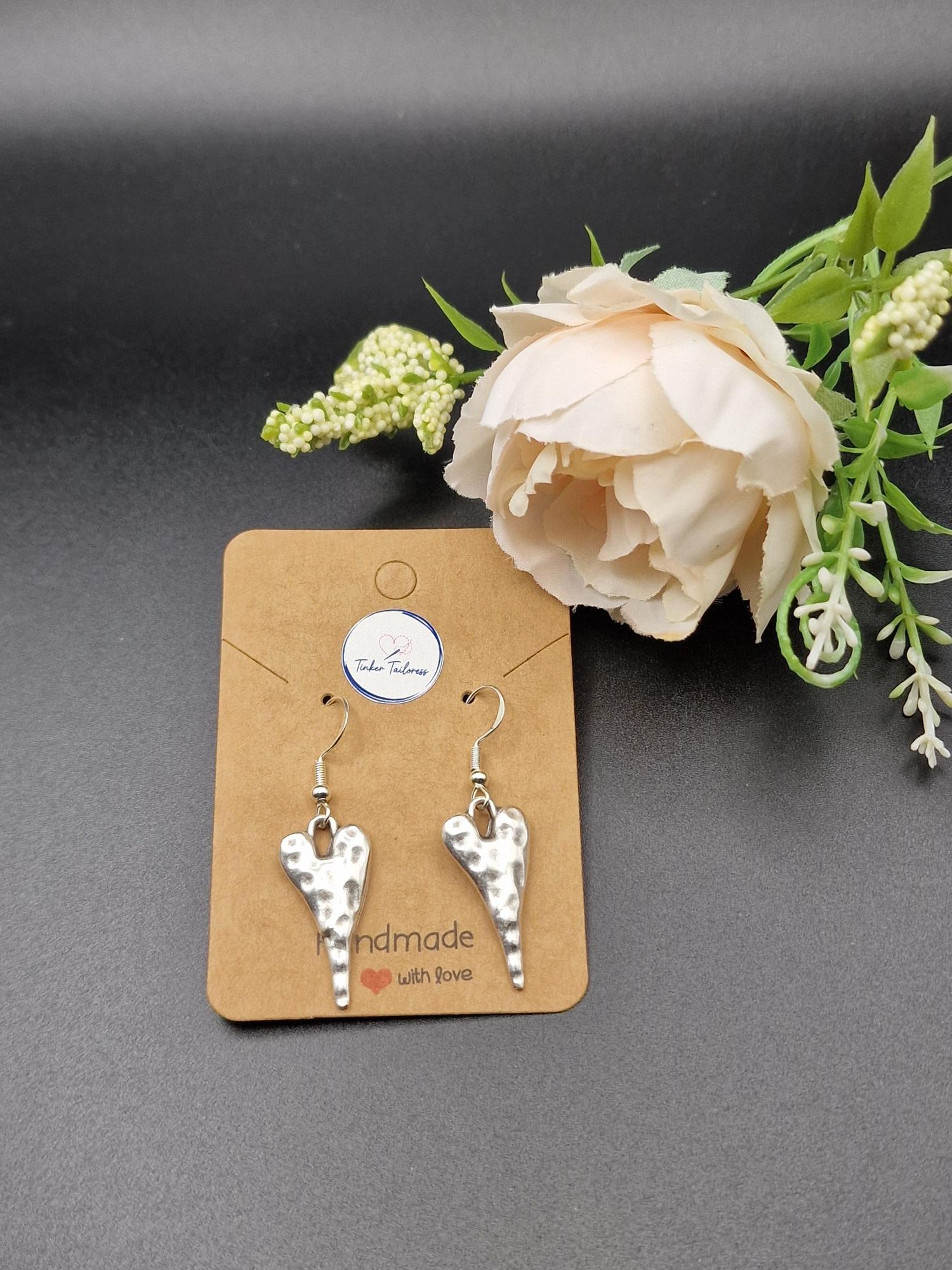 Handmade Antique Silver Hammered Heart Drop Earrings - Image 4