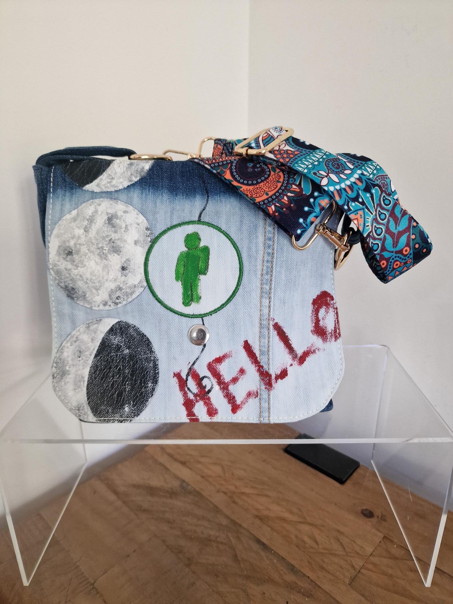 Handmade Alien & Moon Phases Denim Crossbody Bag
