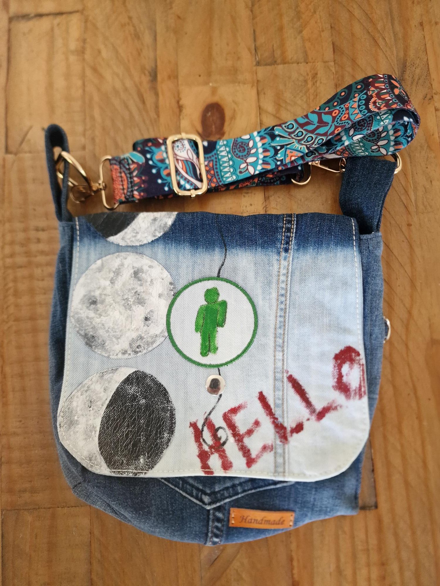 Handmade Alien & Moon Phases Denim Crossbody Bag - Image 2