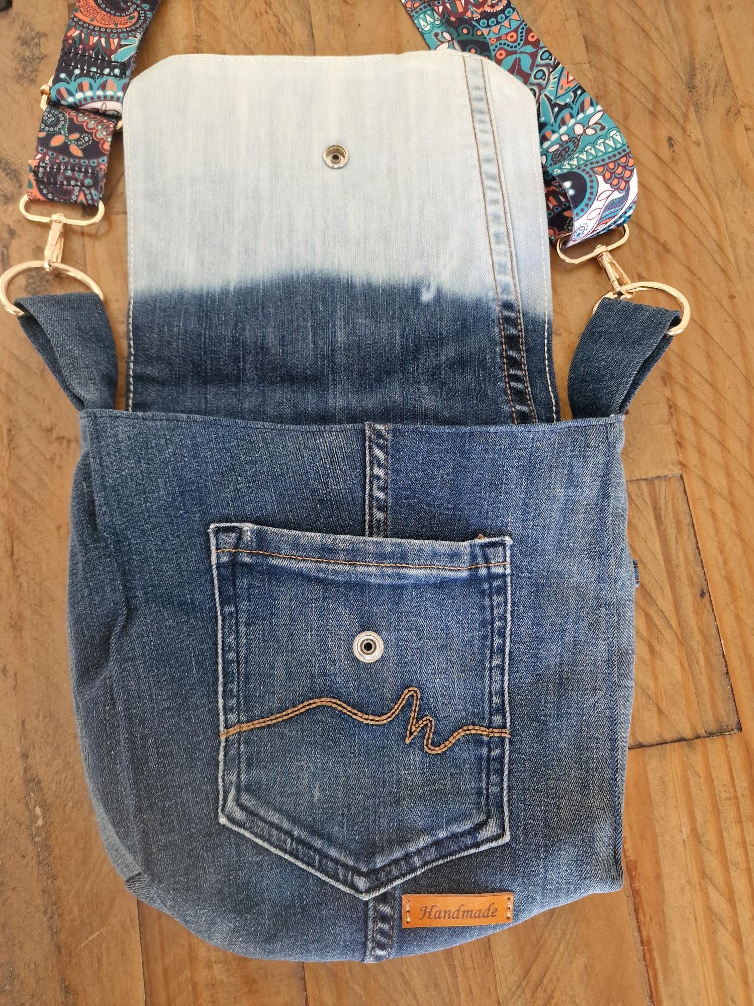 Handmade Alien & Moon Phases Denim Crossbody Bag - Image 3