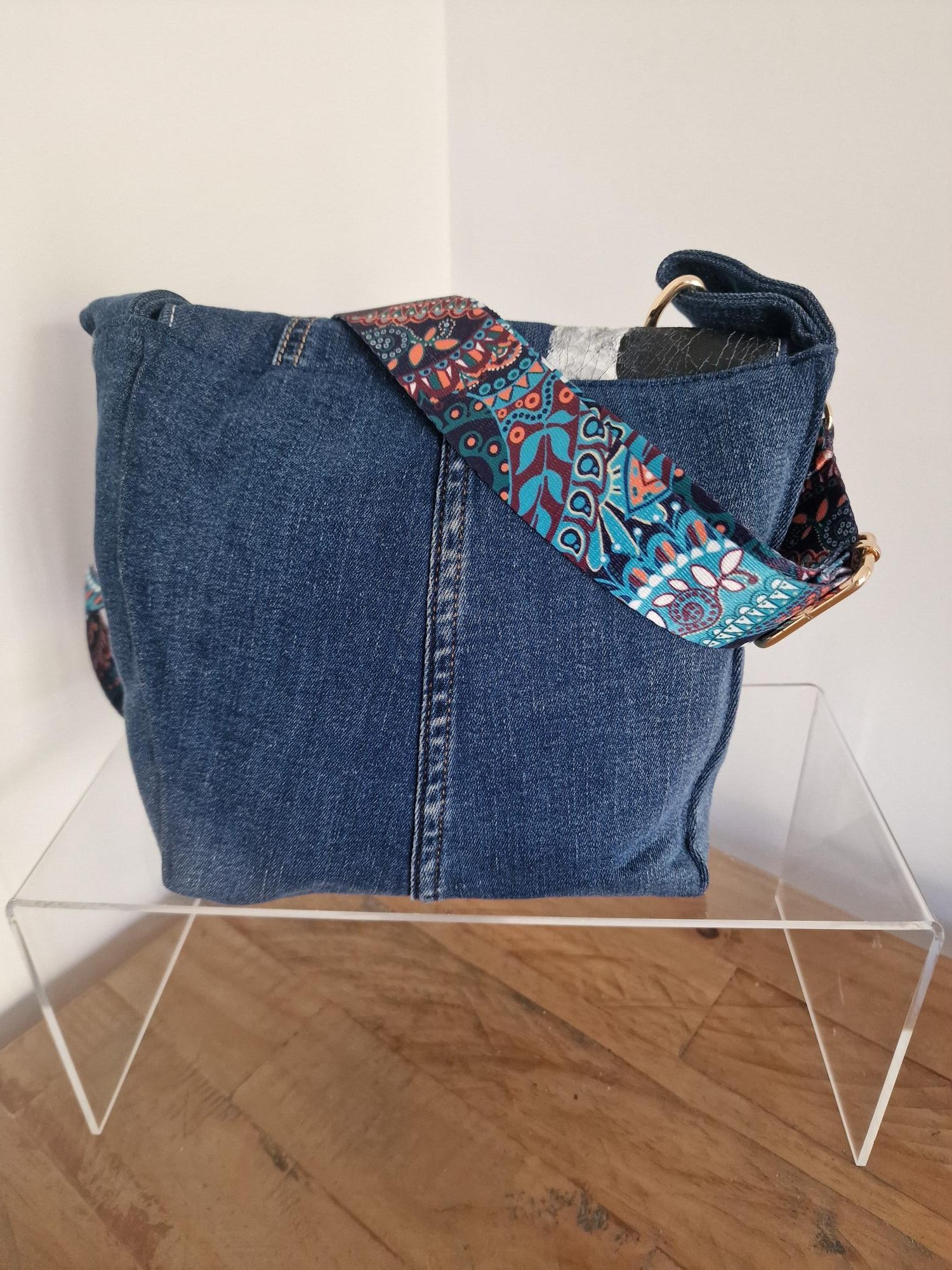 Handmade Alien & Moon Phases Denim Crossbody Bag - Image 4
