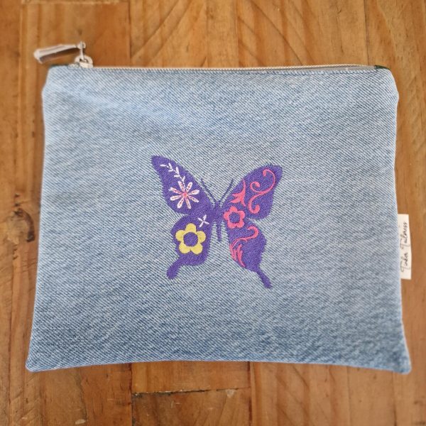 Handmade Upcycled Denim Purple Butterfly Zipped Purse