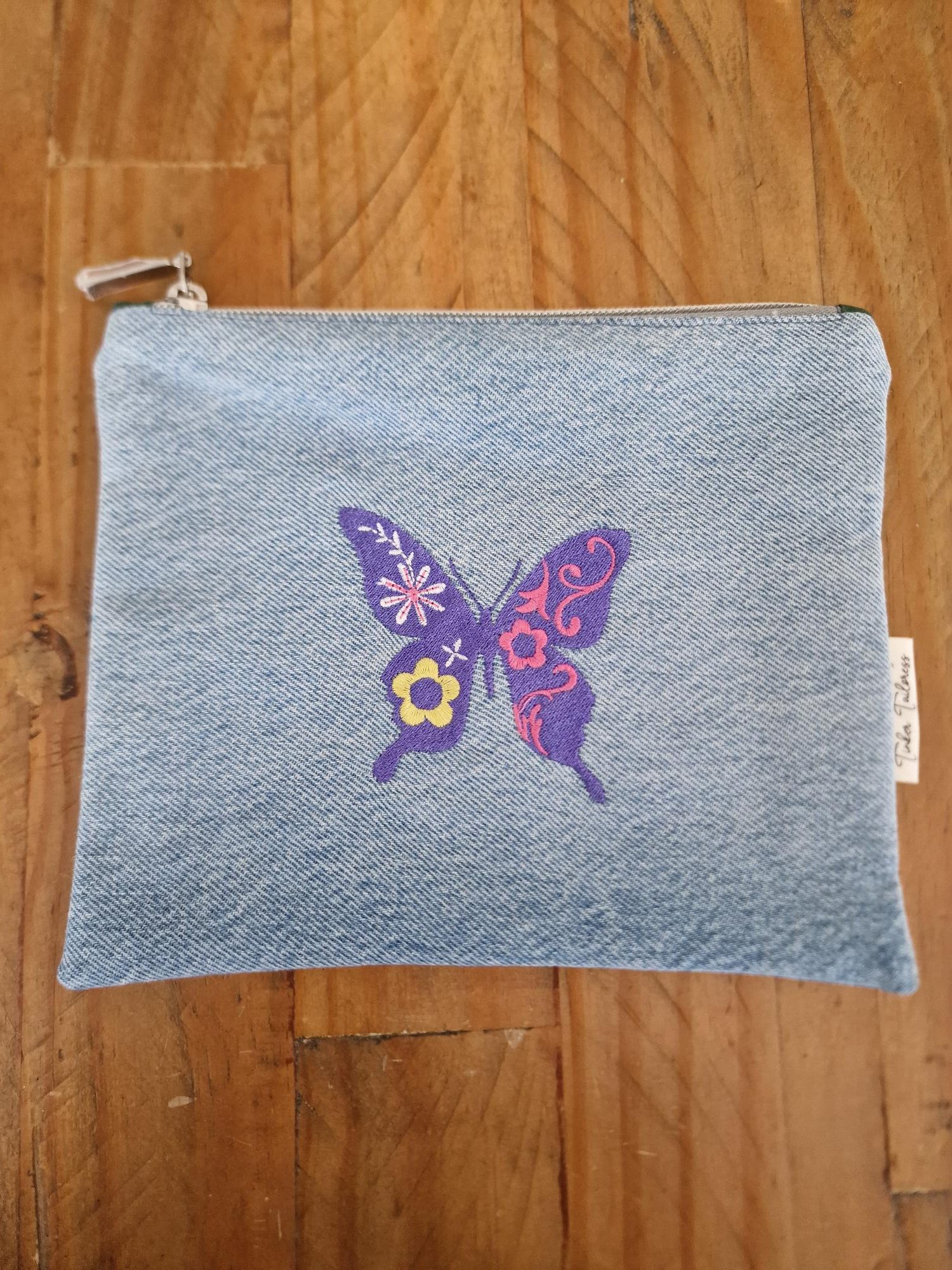 Handmade Upcycled Denim Purple Butterfly Zipped Purse