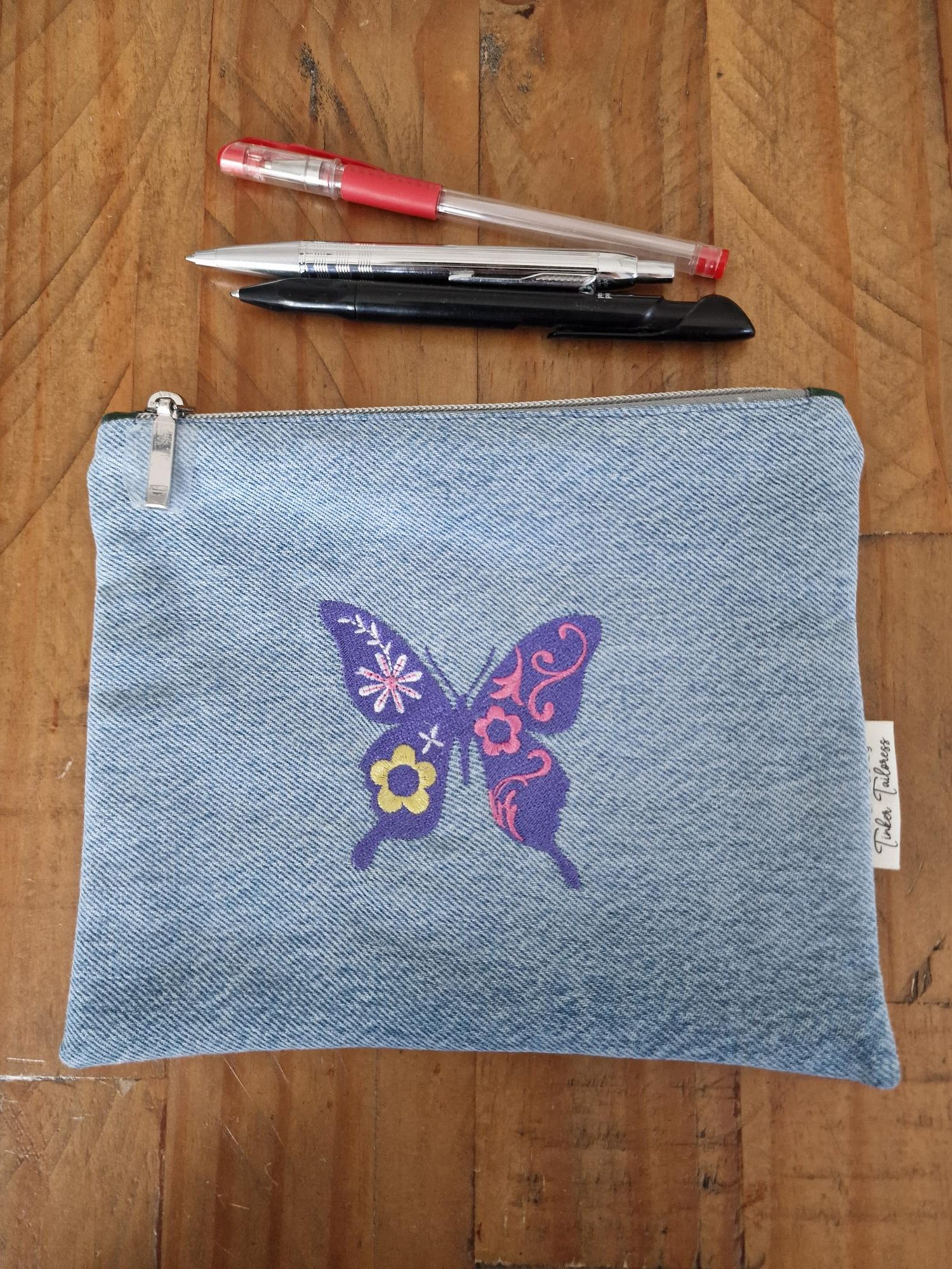 Handmade Upcycled Denim Purple Butterfly Zipped Purse - Image 2