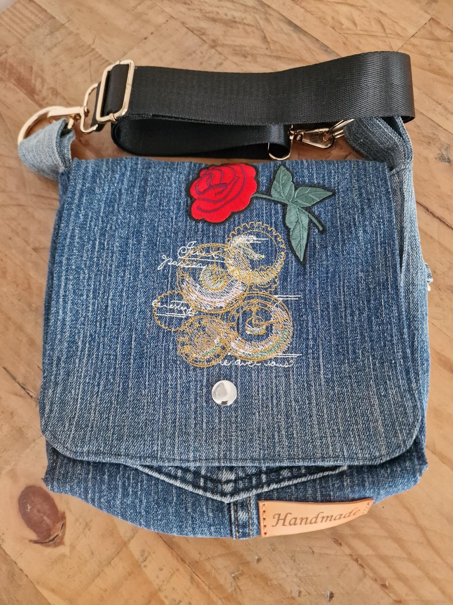 Handmade Parisian Clockwork Upcycled Denim Crossbody Bag - Image 2