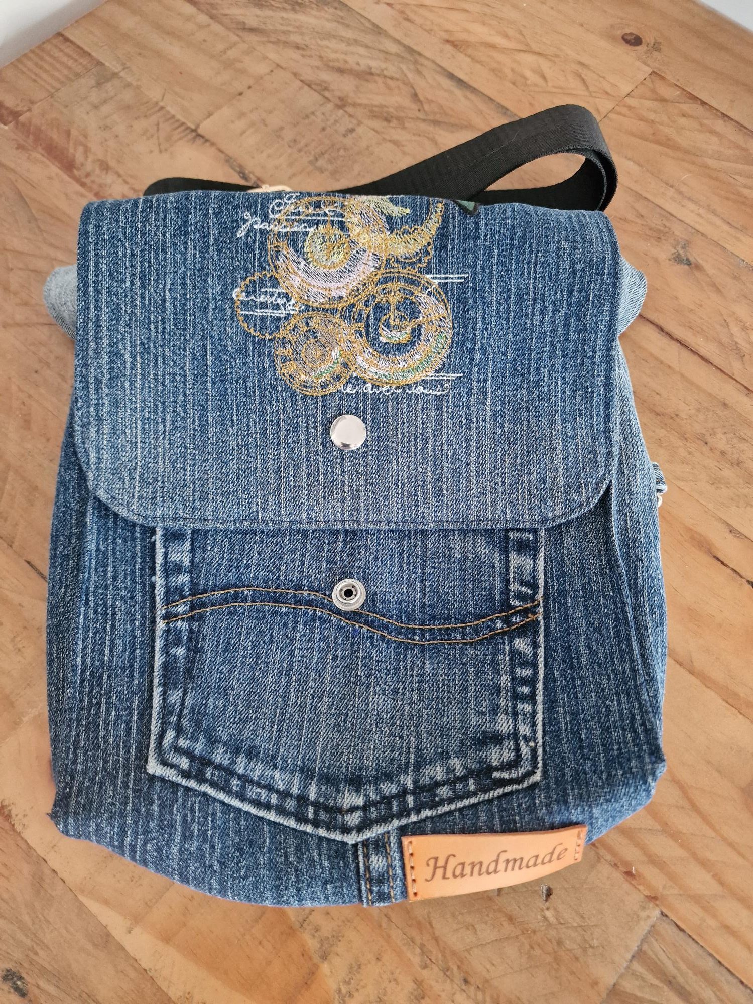 Handmade Parisian Clockwork Upcycled Denim Crossbody Bag - Image 3