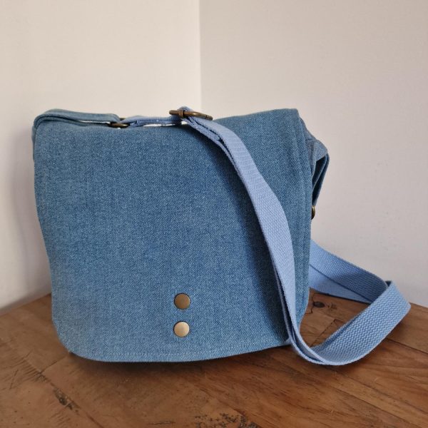 Handmade Pale Blue Upcycled Denim Crossbody Bag with Bee Lining