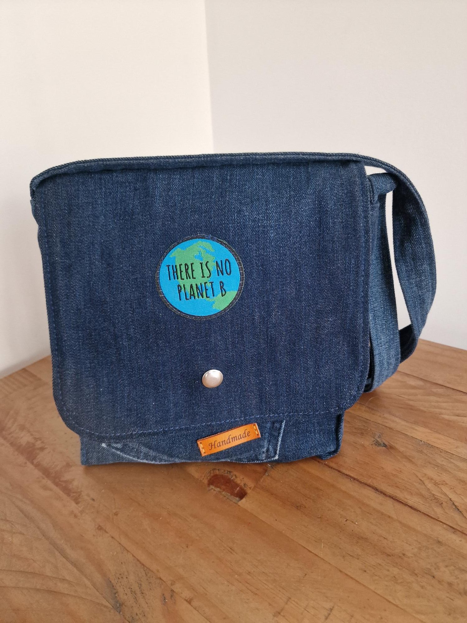 Handmade Upcycled Denim Crossbody Bag - 'There is no Planet B'