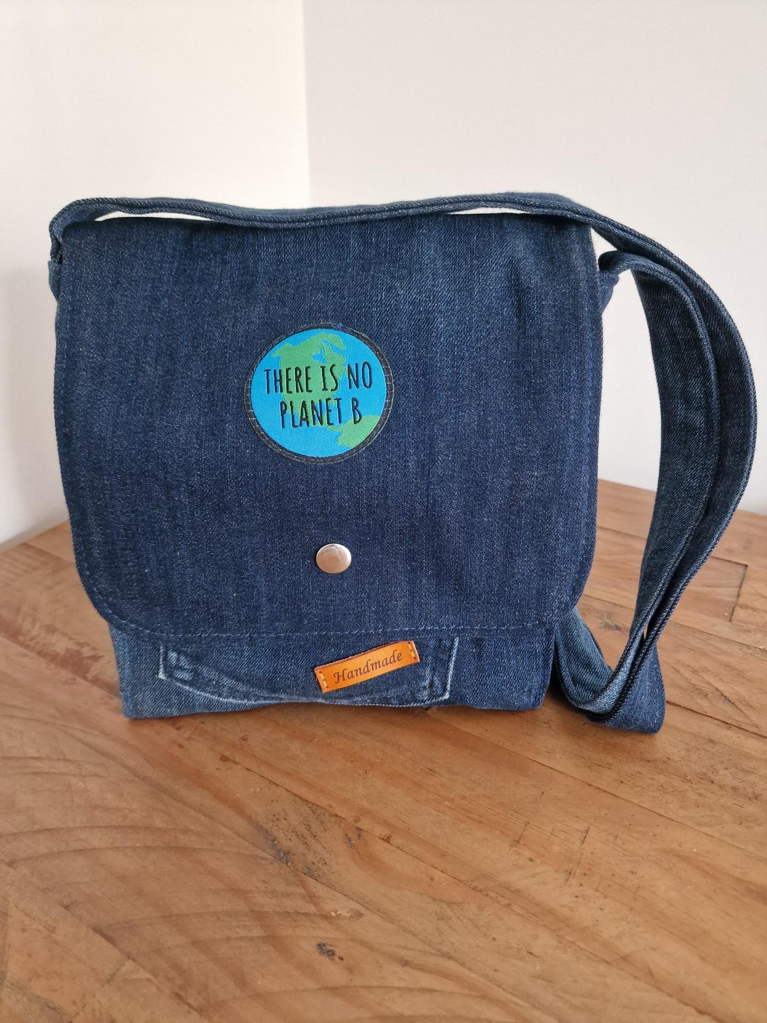 Handmade Upcycled Denim Crossbody Bag - 'There is no Planet B' - Image 2