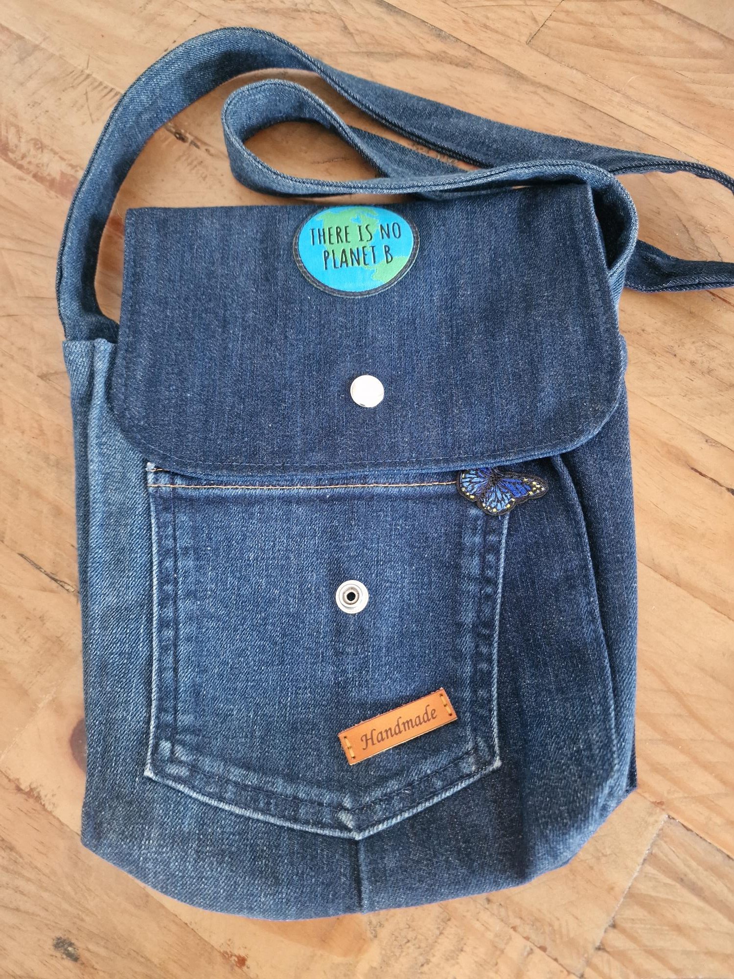 Handmade Upcycled Denim Crossbody Bag - 'There is no Planet B' - Image 3