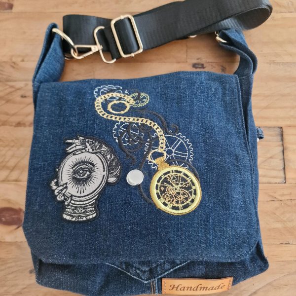 Handmade Upcycled Denim Steampunk Pocket Watch Crossbody Bag