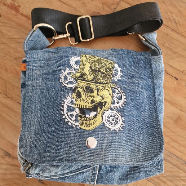 Handmade Upcycled Distressed Denim Steampunk Skull Crossbody Bag