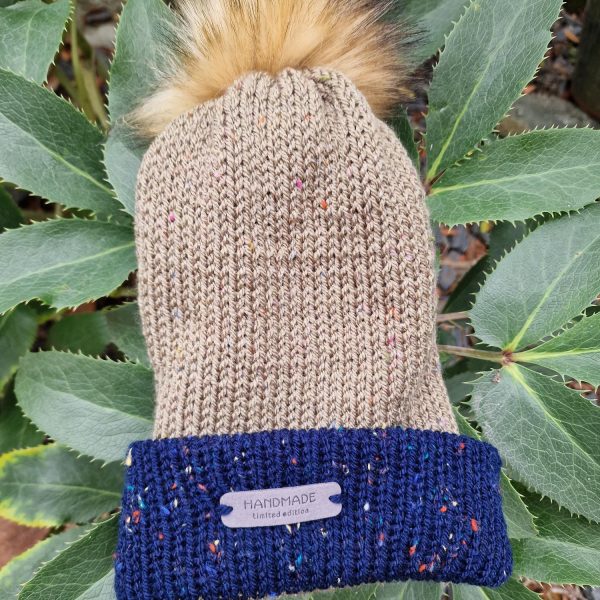 Handmade Army Green Knitted Bobble Hat with Navy Fleck Brim