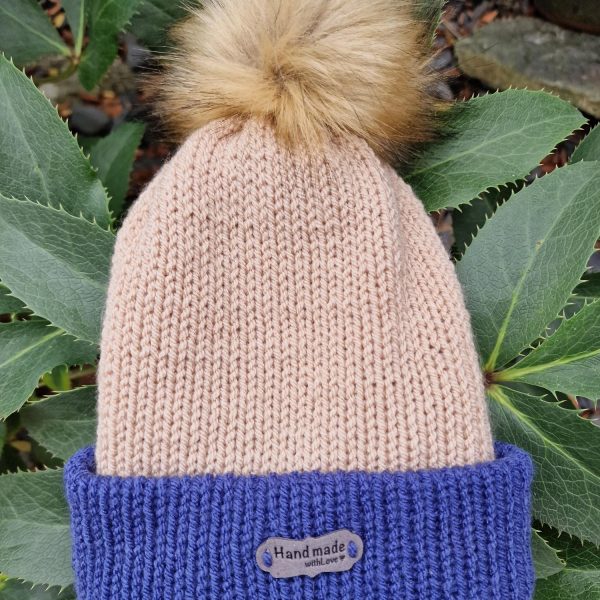 Handmade Beige and Royal Blue Knitted Bobble Hat with Faux Fur Pom Pom