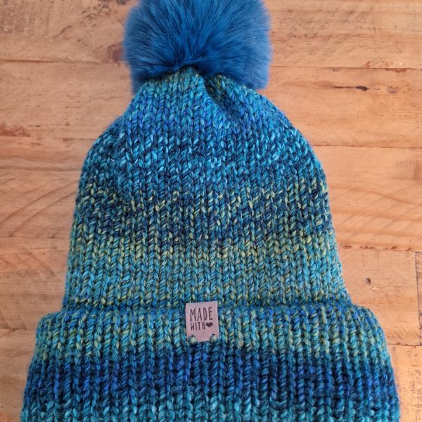 Handmade Chunky Knitted Bobble Hat in Blue and Green Multi-Coloured Yarn