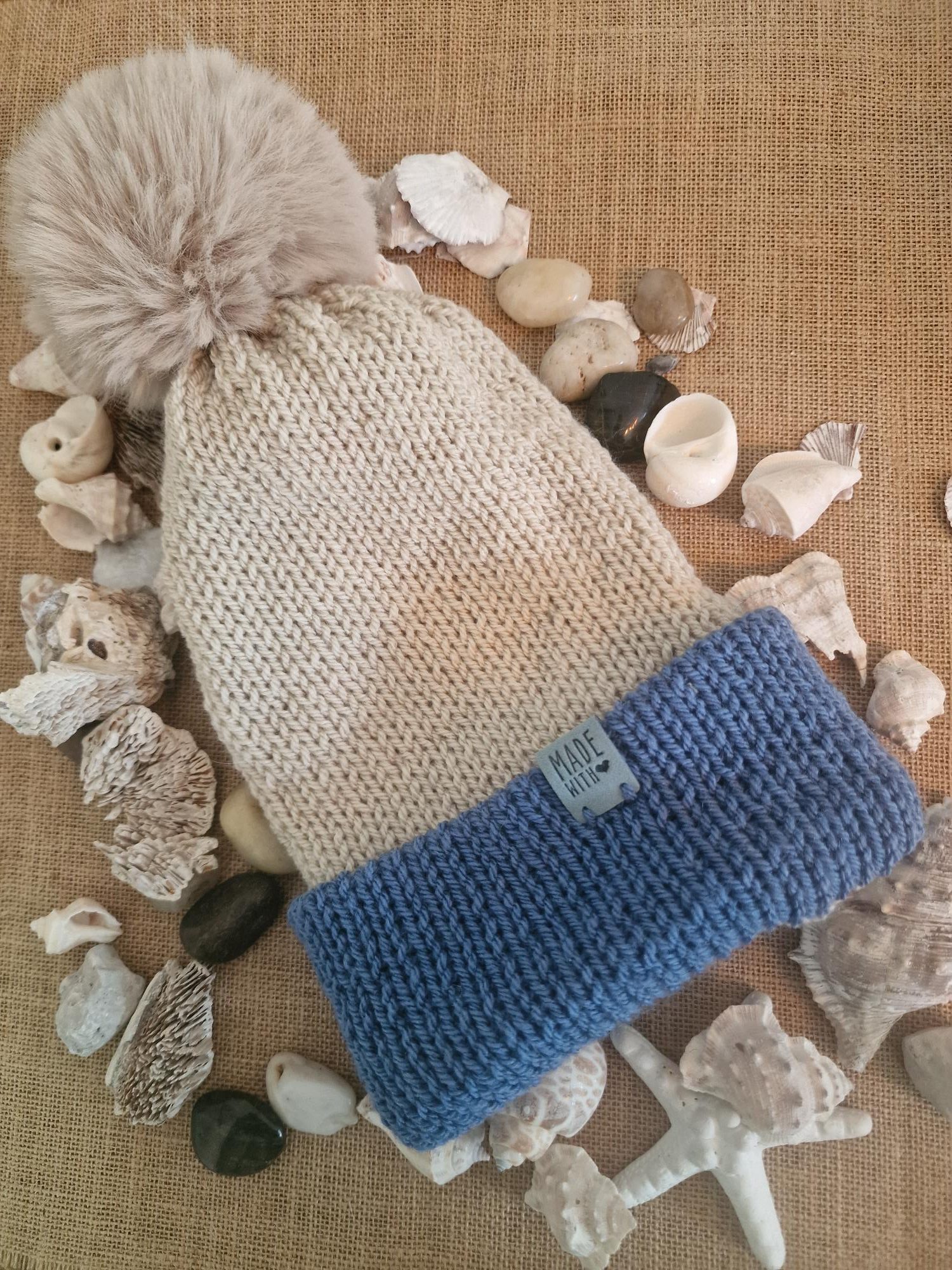 Handmade Light Beige Knitted Bobble Hat with Medium Blue Brim - Image 4