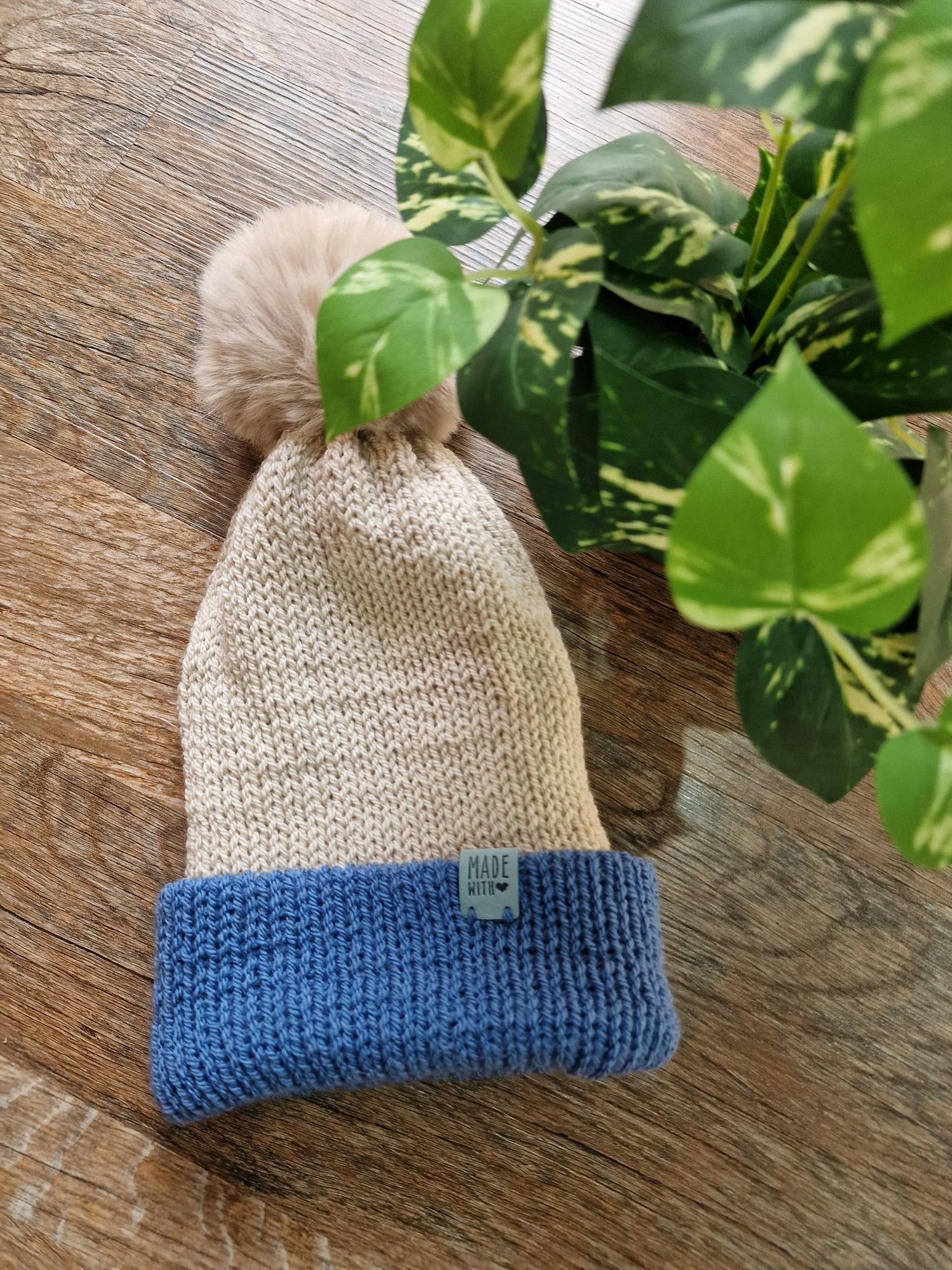 Handmade Light Beige Knitted Bobble Hat with Medium Blue Brim - Image 5