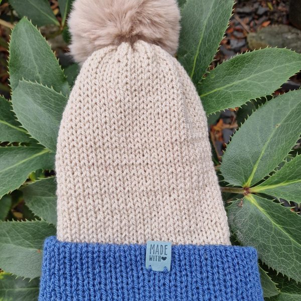 Handmade Light Beige Knitted Bobble Hat with Medium Blue Brim