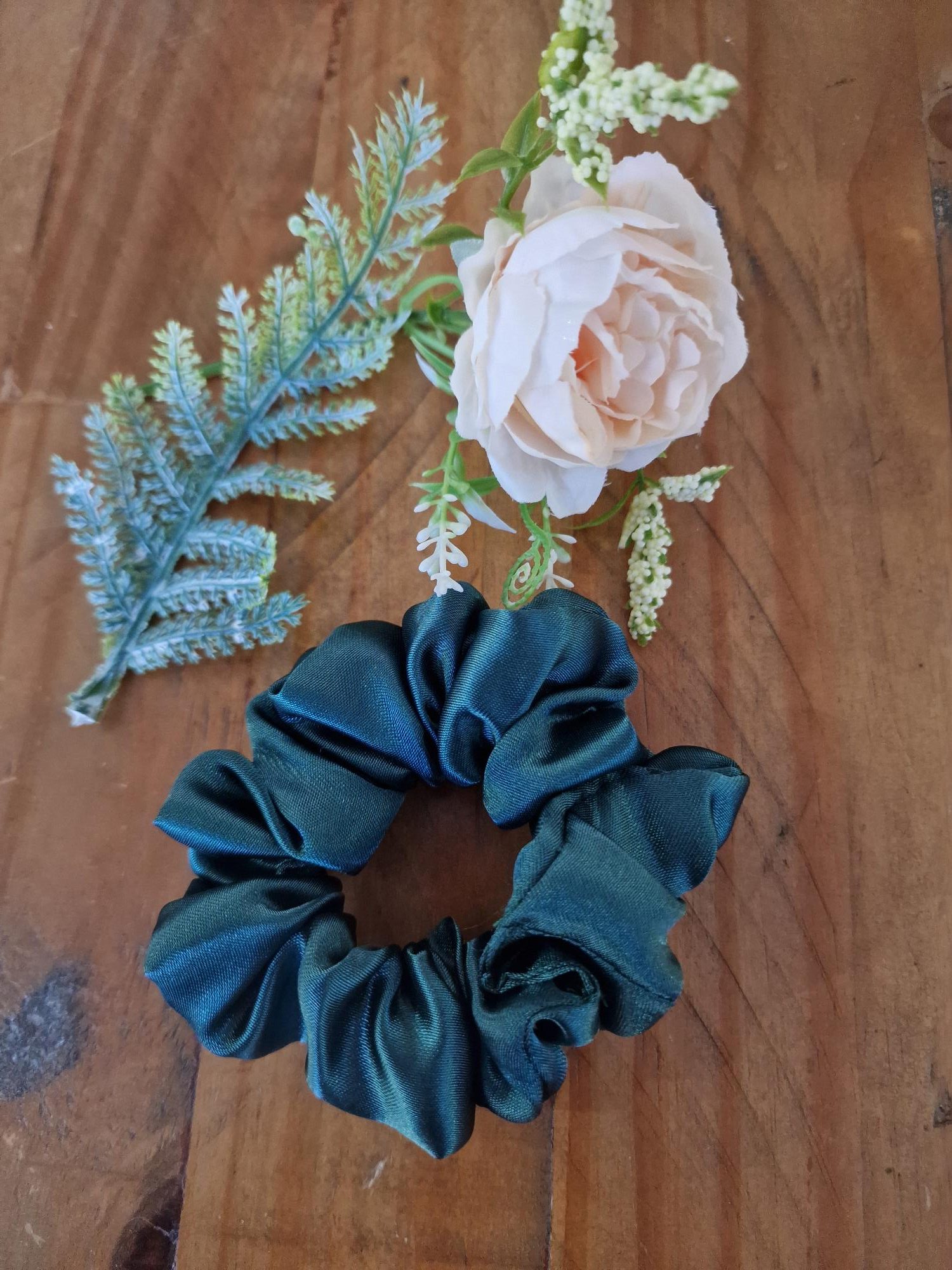Handmade Bottle Green Satin Scrunchie - Classic Size - Image 3