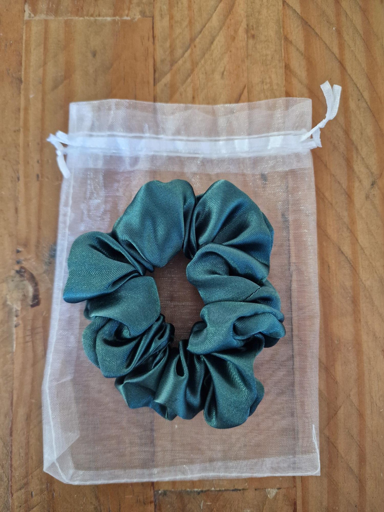 Handmade Bottle Green Satin Scrunchie - Classic Size - Image 4