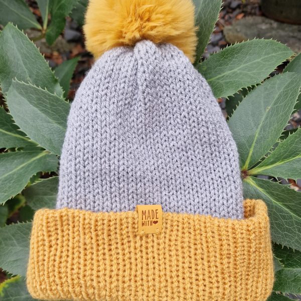 Handmade Grey Knitted Bobble Hat with Mustard Yellow Brim