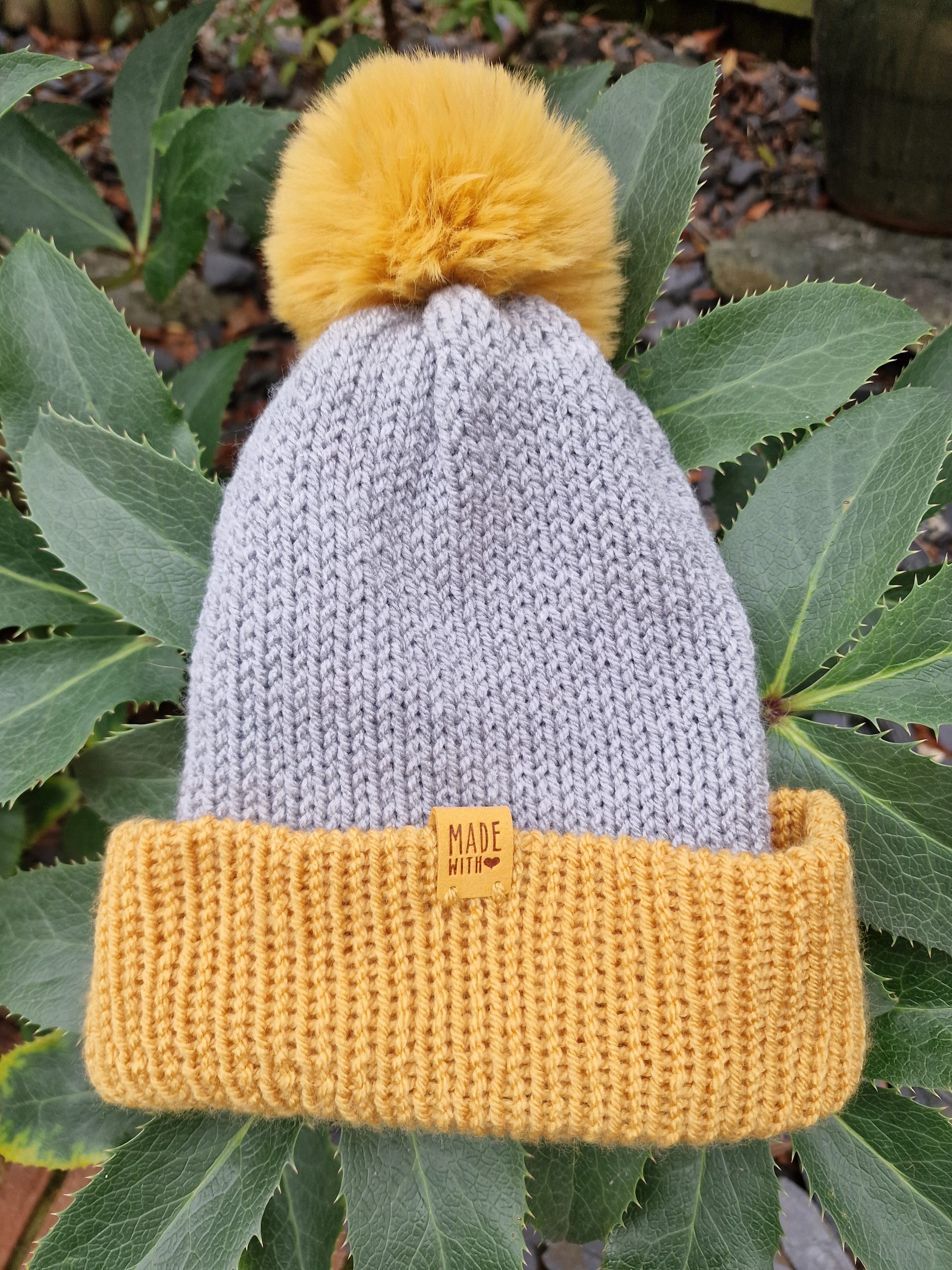 Handmade Grey Knitted Bobble Hat with Mustard Yellow Brim