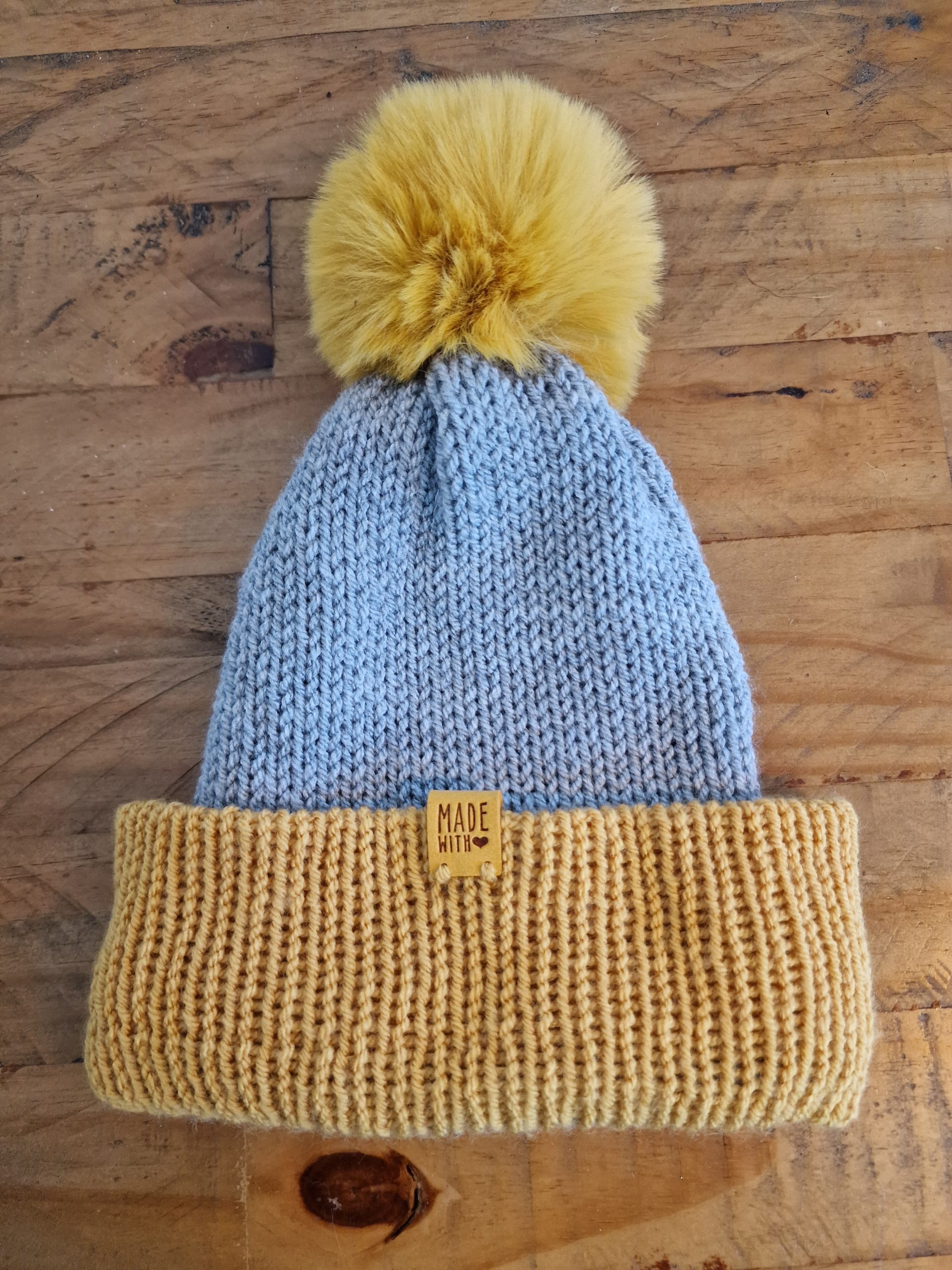 Handmade Grey Knitted Bobble Hat with Mustard Yellow Brim - Image 2
