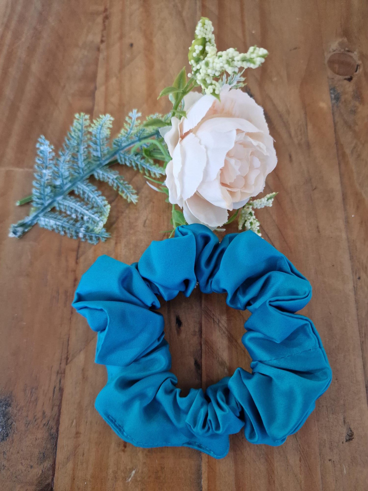 Handmade Turquoise Satin Scrunchie - Classic Size - Image 4