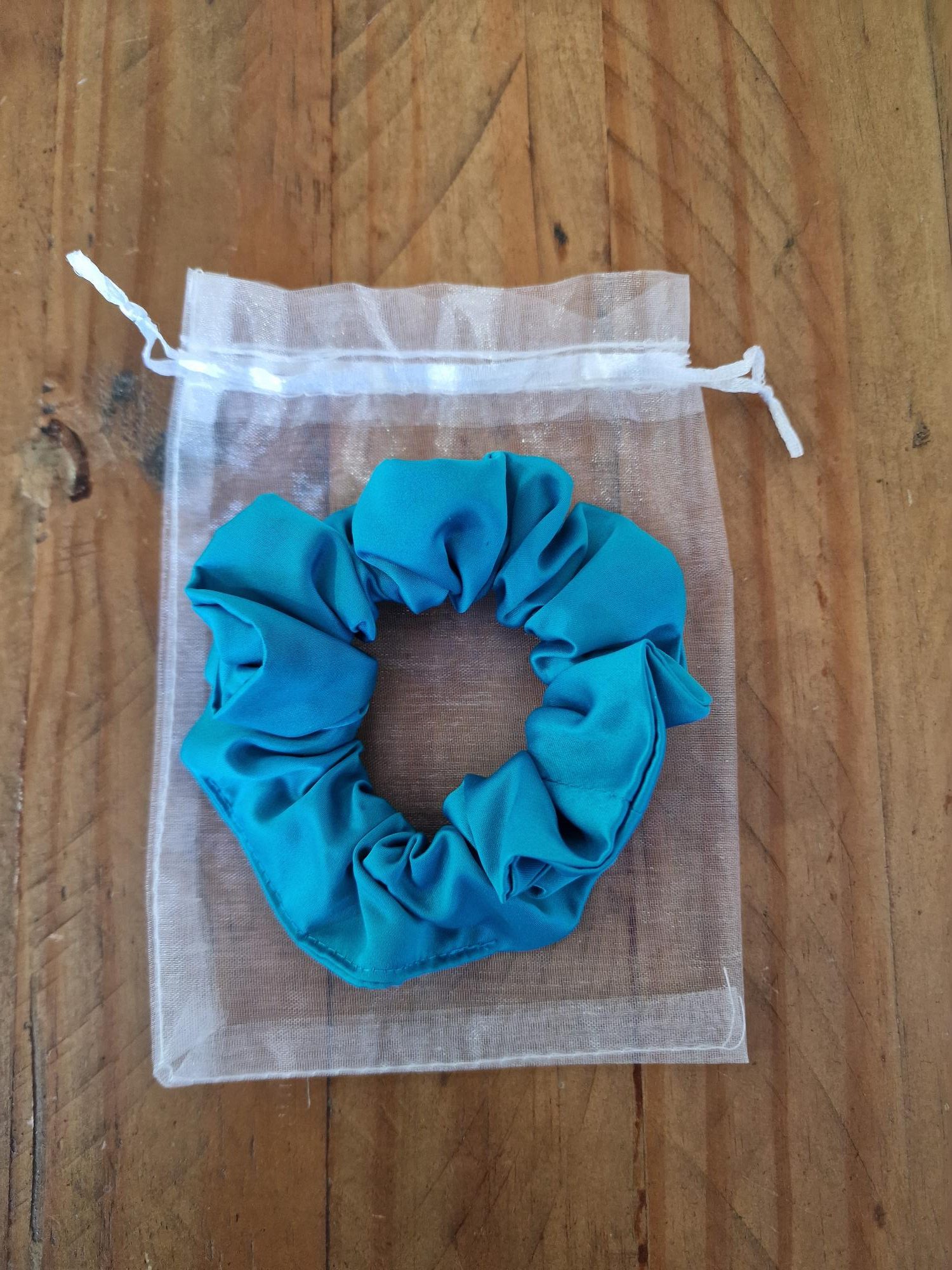 Handmade Turquoise Satin Scrunchie - Classic Size - Image 6